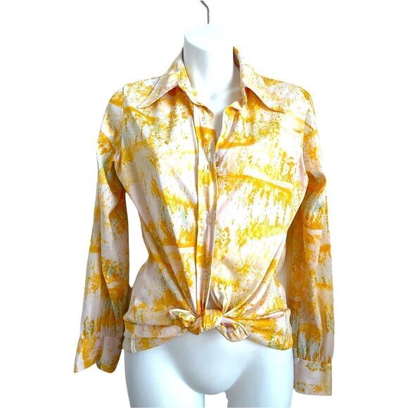 Vintage 1970s Vera Button Down Geometric Long Sleeve Shirt M Saffron Marigold - Picture 1 of 15